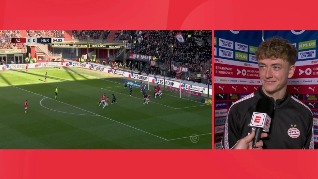 Sven Mijnans tijdens een eerder interview, met terugblik op een doelpunt uit zijn AZ-periode